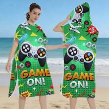 1件游戏玩家“GAME ON”字母速干印花连帽浴巾斗篷 - 成人涤纶连帽沙滩浴袍 - 连帽沙滩巾斗篷 - 速干、高吸水性、轻便易携,是游泳和送礼的理想之选 - 柔软舒适的浴巾斗篷,多功能沙滩巾,沙滩必备,旅行配件 - 彩色 - 查看 7