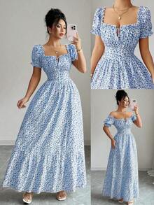 Vestido Largo Maxi Mujer Estampado Floral Azul Y Blanco, Diseño Cuello Cuadrado Desmontable Off Shoulder, Mangas Cortas Volantes Con Borde Ondulado, Corte Entallado Moldeador De Pecho Y Cintura, Falda Amplia Con Volante Inferior, Cordón Frontal Ajustable, Estilo Romántico Francés Veraniego Ideal Para Vacaciones Y Salidas Diarias - Azul - Ver 9