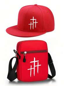 1 pezzo/2 pezzi Set di cappellino da baseball con stampa a croce e borsa a tracolla, stile streetwear, moda, cappellino con visiera piatta e borsa a spalla per sport all'aperto, regolabile, regalo per amici e anniversari - Multicolore - Visualizzare 7