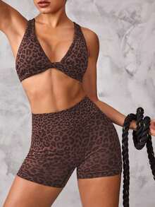 Sports 2pcs Leopard Print Twisted Cross Bra And Shorts Sports Set Workout Women Sets Y2k Glowmode - Coffee Brown - View 5