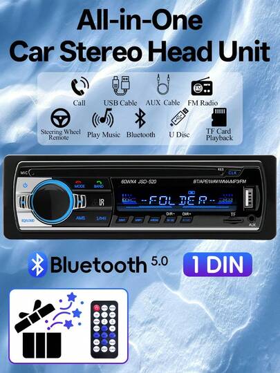1-DIN车载立体声播放器，带数字蓝牙、MP3播放器、FM收音机、立体声音频、USB接口和AUX输入