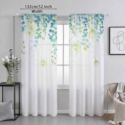 Bộ 2 rèm cửa voan in họa tiết lá bạch đàn hiện đại, màu xanh lam và xanh lá cây, thích hợp trang trí phòng ngủ và phòng khách, kích thước 52"W x 84"L.