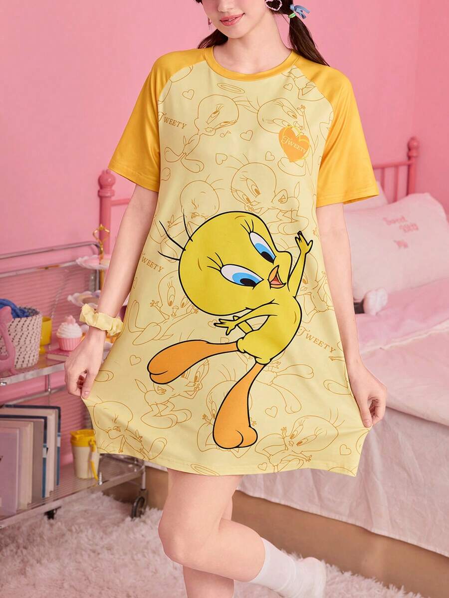 Noctvar OBM Sleepwear X LOONEY TUNES 撞色泰迪熊卡通图案短袖睡裙，柔软舒适，女士睡衣