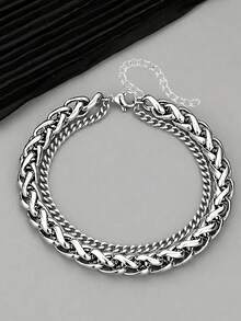1 pieza Pulsera de cadena de acero inoxidable ajustable de doble capa para hombres - Plateado - Ver 8