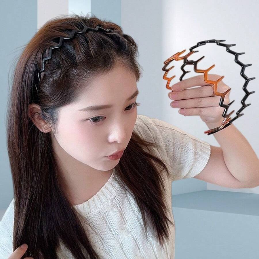 2/4条装时尚防滑发箍，亮黑色和豹纹组合，时尚带齿波浪发箍，家居护肤发箍，适合日常洗脸或化妆使用 - 彩色 - 查看 1