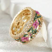 Women's Fashion Hollow Colorful Floral Ring, Inlaid With Synthetic Zirconia, Versatile For Party And Vacation - Gold - View 6