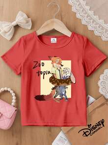 1 Piece Cute Style Kids T-Shirt Disney Zootopia Donut Nick Judy Print Summer Breathable Short Sleeve Top, This Baby Girl Clothing Is Suitable For Dailr, Versatile And Non-Stuffy, Suitable For Spring And Summer, Vacation, Outdoor Activities, Amusement Park Outfits, Gift For Kids. - Đỏ - Xem 8