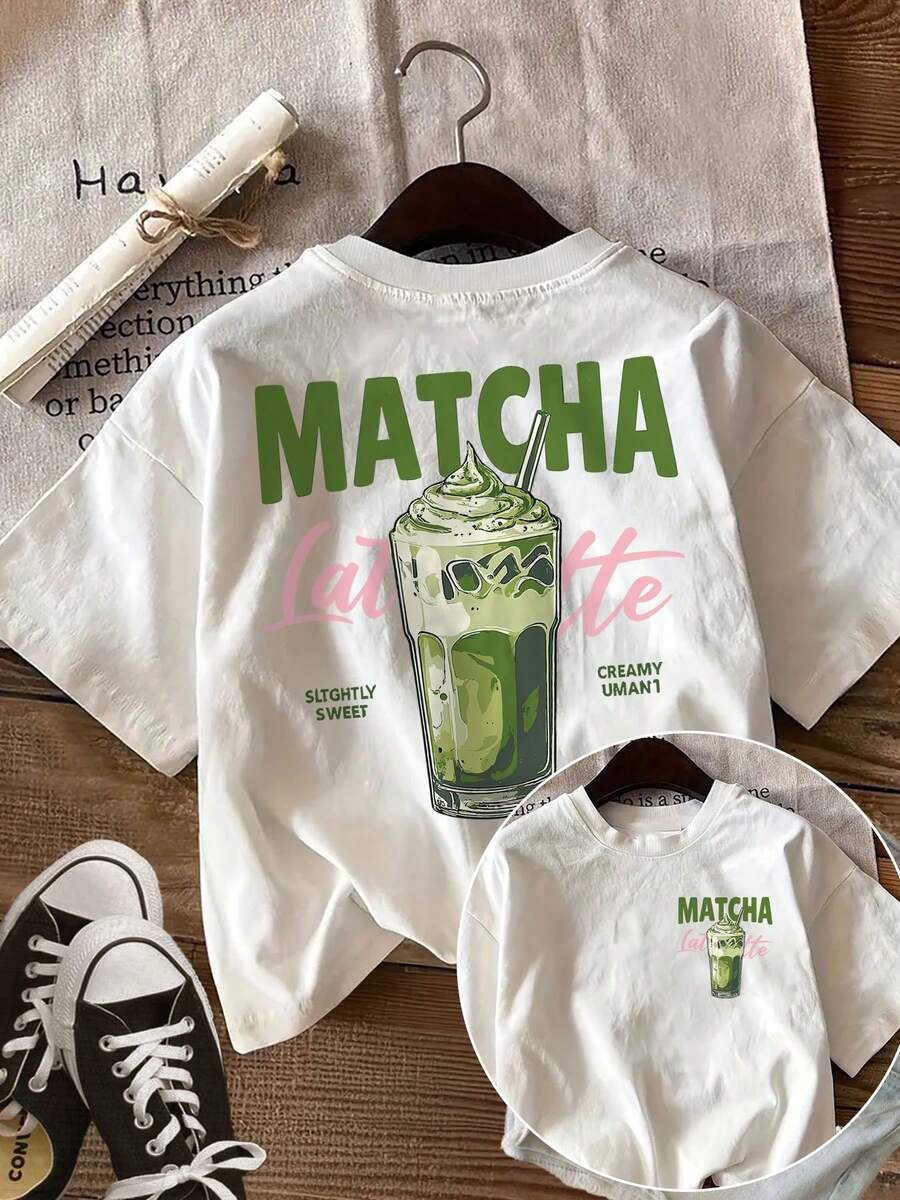 Vintage dam-t-shirt med korta ärmar och matcha latte-tryck fram och bak - Lämplig för - avslappnad blus med rund hals Kan beställas från lager för utomhus- och fritidskläder - sommartoppar - Vitt - Visa 1
