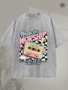 2026230G Washed Cotton High-Quality Patterned Printed T-Shirt, Vintage Christian, Made For Worship, Praise, Cassette, Men's Summer Crew Neck Short Sleeve, Suitable For Street Vintage Fashion And Outdoor Sports Leisure, Religious Gift; Unisex.,High-Quality Wax Printed Cotton Retro FashionBrand T-Shirt, Men's T-Shirt, Beach Must-Have, Men's Summer T-Shirt, Holiday Gift, Perfect Gift,Valentine's Day Gift - 灰色的 - 查看 18