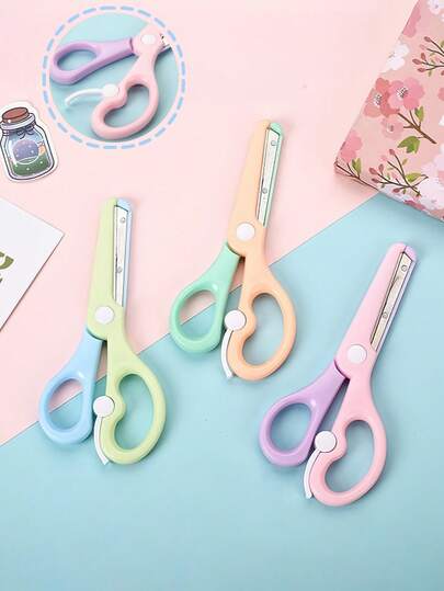 1pc Macaron Color Plastic Scissors, Hitting Colors Art Craft Scissors With Spring-Loaded Design, Round Smooth Blade, Anti-Pinch Plastic Training Scissors For Paper Cutting, Student Back To School