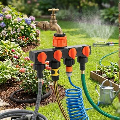 1pc Garden Hose Splitter, 4-Way Spigot Distributor, Anti-Drop With Water Design, Supply For Backyard Lawn, Outdoor RV Accessory, Stylish Gift For Camping Agriculture Landscape Irrigation Connector