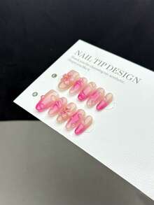 10pcs Handmade Short Almond-Shaped Press-On Nails, Romantic & Cute Style With Hand-Painted Nude Pink To Deep Rose Red Ombre Design - Multicolor - View 5
