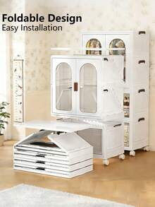 70CM/ 27.55in Large Foldable Storage Box With Wheels And Lid, Stackable Storage Box, Front Folding Wardrobe Storage And Storage Space, White - White - View 8