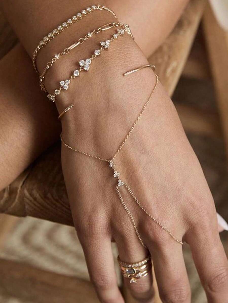 1 chiếc vòng tay hình cỏ bốn lá đính đá, kiểu dáng tối giản, đa năng, phù hợp với trang phục hàng ngày và phụ kiện dự tiệc cho nữ. - Vàng - Xem 1