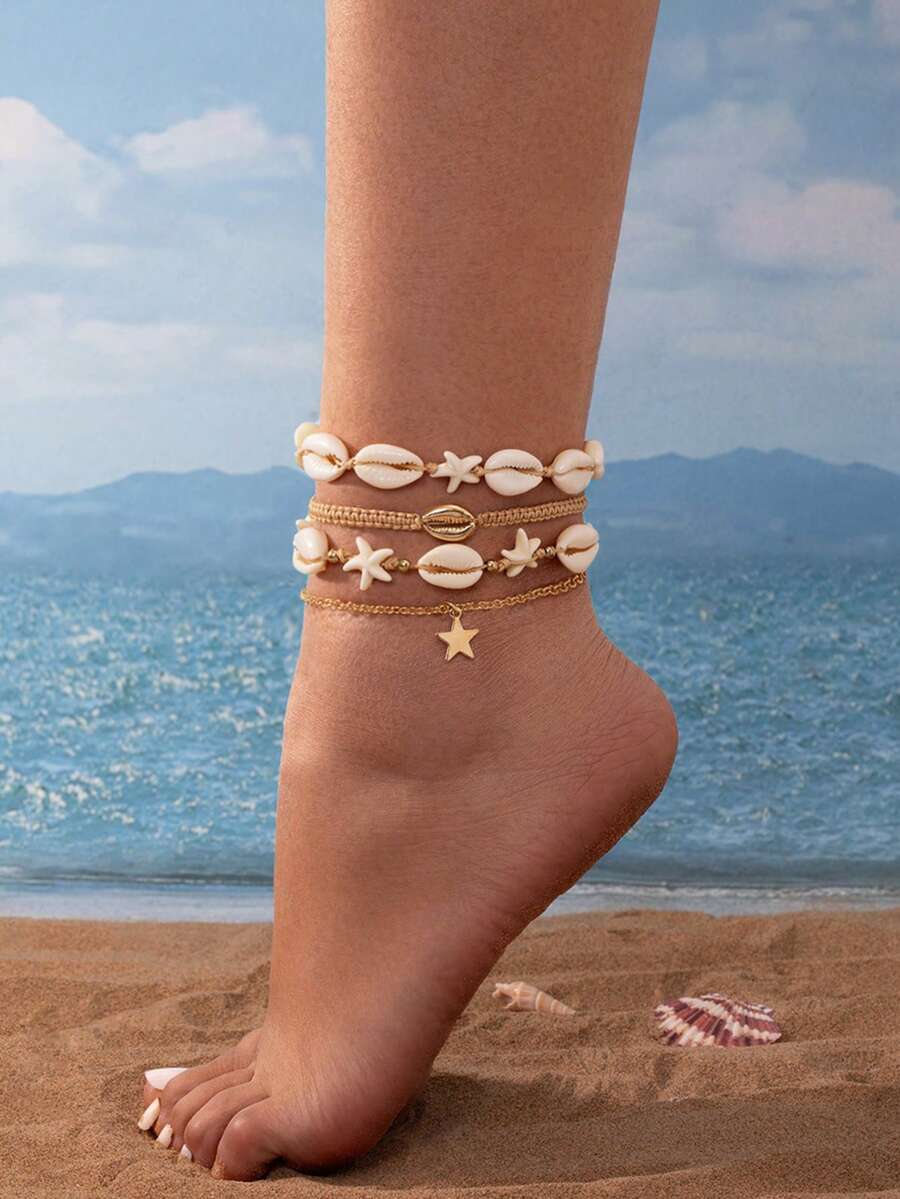 Set de 4 piezas de tobilleras bohemias hechas a mano de múltiples capas tejidas, con decoración de estrellas de mar, estrellas y conchas, estilo playa de verano - Multicolor - Ver 1