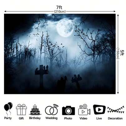 1件万圣节摄影背景布 - 耐用乙烯基材质，幽灵墓地森林图案，带有蝙蝠和闹鬼的满月横幅，适用于主题派对装饰，无需组装