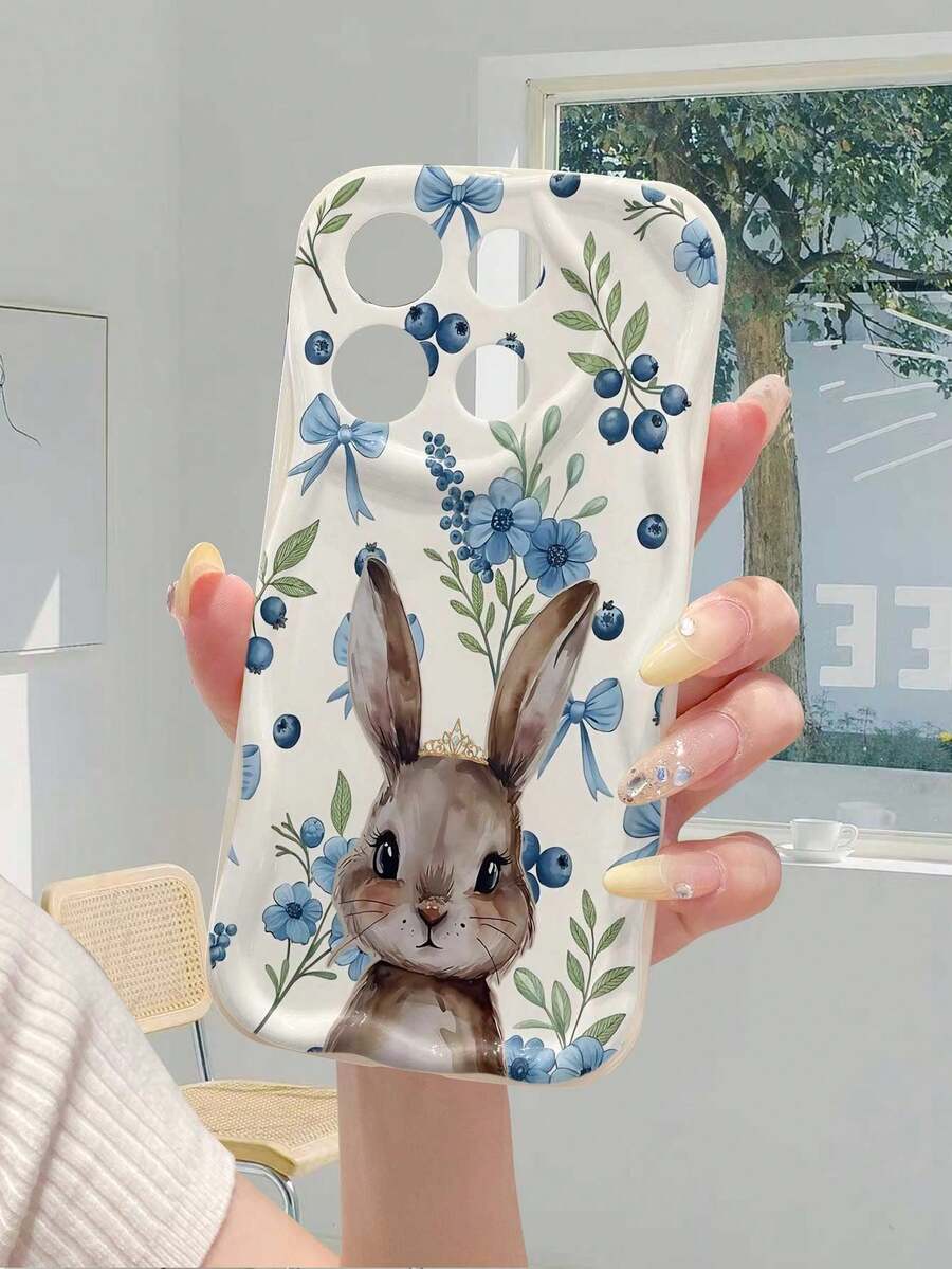 1个可爱兔子蓝莓图案TPU材质白色奶油纹理全包防震防滑保护手机壳，兼容、荣耀等手机。 - 米色 - 查看 1