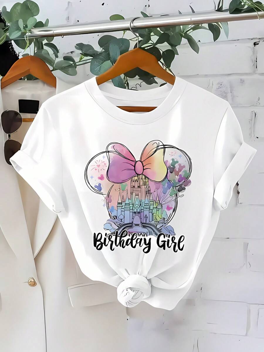 Minnie Mouse Silhouette, Rainbow Bow, Castle, And "Birthday " Pattern, Disney New Summer Short-Sleeve T-Shirt For Women, Casual And Fashionable Printed Tee, Elegant Women's Clothing - 白色 - 查看 1