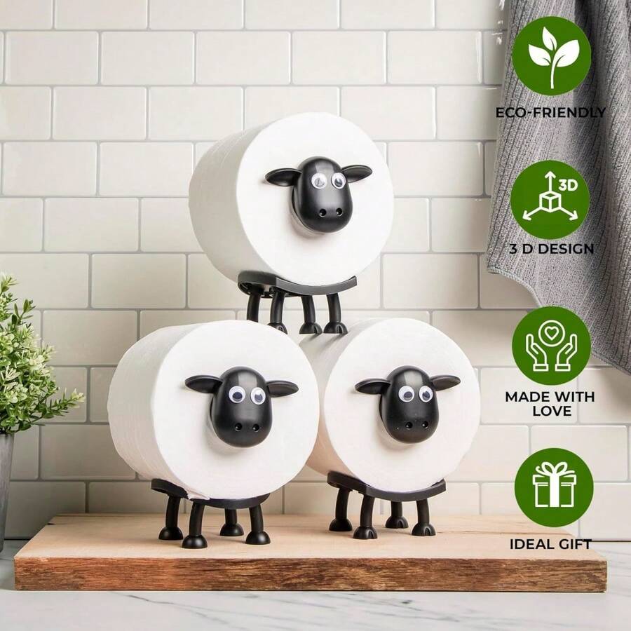 1pc/3pcs Cute Sheep Shaped Toilet Paper Holder - Interesting No-Installation Bathroom Tissue Holder Set - 3D Printed Black Sheep Toilet Paper Rack - Fun Tissue Paper Storage Rack - Adorable Bathroom Decor - Multicolor - View 1