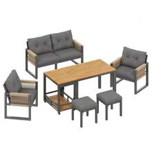Modern Outdoor Sofa Set, Ideal For Relaxation And Gatherings. Iron Frame, Woven Armrests, Seat Cushions Included, Multifunctional Table. - 灰色 - 查看 9