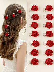 10 Peças Mini Grampos de Cabelo com Rosas Vermelhas Aveludadas, Acessórios de Cabelo Fofos para Meninas, Grampos de Cabelo Trançados em Forma de Coração para Franja Lateral, Adequado para Adolescentes, Meninas, Festa, Ação de Graças, Uso Diário, Ótimo Presente para Aniversário, Feriado - Ano Novo - Multicolorido - Visão 3