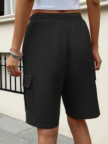 Women's Lightweight Multi-Pocket Khaki Shorts, Summer Drawstring Elastic Waist Comfortable Casual Sports Golf Loose Shorts - Black - View 4