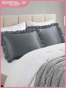 2pcs Luxury Satin Pillowcase Set With Lace Trim, Soft & Breathable, Anti-Wrinkle, Gentle On Hair & Skin, Improves Sleep Quality, Pillow Insert Not Included. Suitable For Home Bedding, Dorm, Oeko-Tex Certified. - Dark Grey - View 2