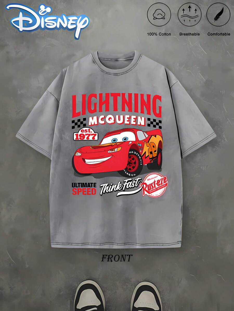 Men'S T-Shirt Featuring A Retro Checkered Design Inspired By Disney'S 'Cars' And Lightning Mcqueen, Made From Heavyweight 100% In A Washed Vintage Style. This Loose-Fit, Crew-Neck, Short-Sleeve Top Is Soft, Comfortable, And Perfect For Casual Wear - Xám - Xem 1
