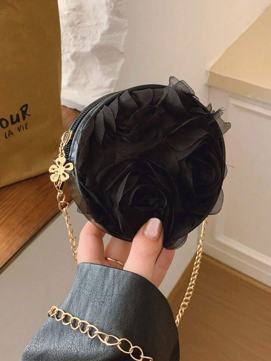 Fashionable 3D Lace Flower Round Handbag, Cute Unique Multi-Purpose Chain Shoulder/Crossbody Bag