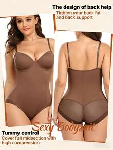 1 pieza Shapewear para mujer, Corsé para mujer, Bustier ajustado con copas de sujetador, Diseño de 3 hileras de ganchos, Malla sexy y de moda, Acentúa las curvas del Body, Adelgaza la cintura, Realza el trasero, Soporte de cintura, Moldeado del busto, Se puede usar como prenda exterior, Shapewear multifuncional, Lencería moldeadora cómoda, Tela elástica y ligera, Mantiene la figura femenina - Café integral - Ver 4