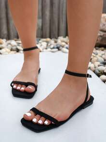 2026 New Summer Square Toe Women's Sandals, Elegant Suede Criss-Cross Strap Flat Sandals, Coffee Color, Suitable For Daily Wear, Vacation, Casual Events, Suitable For Wide Feet Or Plus Size, Versatile To Match Dresses, Casual Slip-On Sandals - Black - View 6