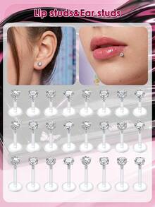 16G 8件装透明唇环耳钉，塑料美杜莎心形星形立方氧化锆唇钉穿刺饰品，推入式耳骨唇钉穿刺耳环，耳骨耳环，耳廓穿刺饰品，耳廓耳环，6mm 8mm 10mm - 無色 - 查看 2