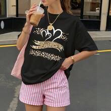 Camiseta negra con estampado de leopardo y corazones para mujer estilo casual - Negro - Ver 3