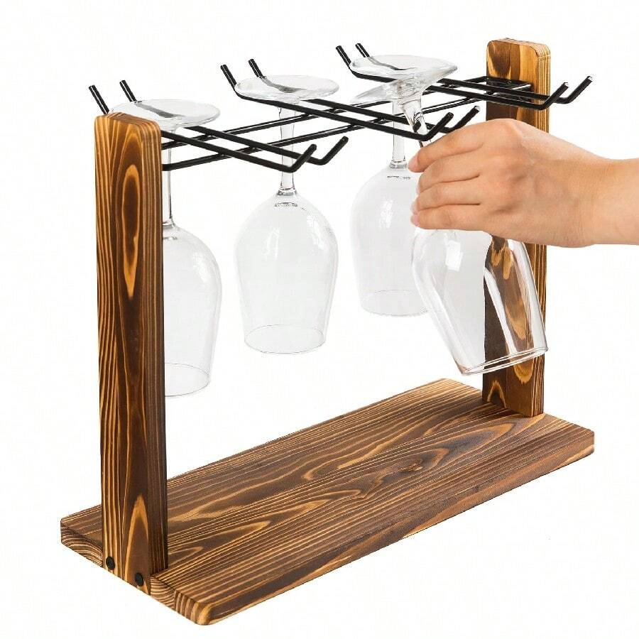 Giá để ly rượu kiểu nông thôn, gỗ nâu, dây kim loại đen mờ, thiết kế 6 khe, giá đựng ly uống nước, bình đựng rượu sâm panh, để bàn, trưng bày và làm khô, quầy bếp, bàn ăn. - Nhiều màu - Xem 1
