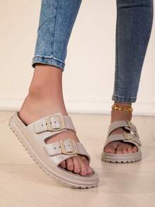 Fashion Women's EVA Thick Sole Elevated One-Piece Molded Stable Indoor Home Soft Comfortable Student Suitable Women's Shoes Double Buckle Adjustable Outdoor Wear Fashion Work Travel Beach Shopping Adventure Loose Walking Shock-Absorbing Slippers - Light Brown - View 4