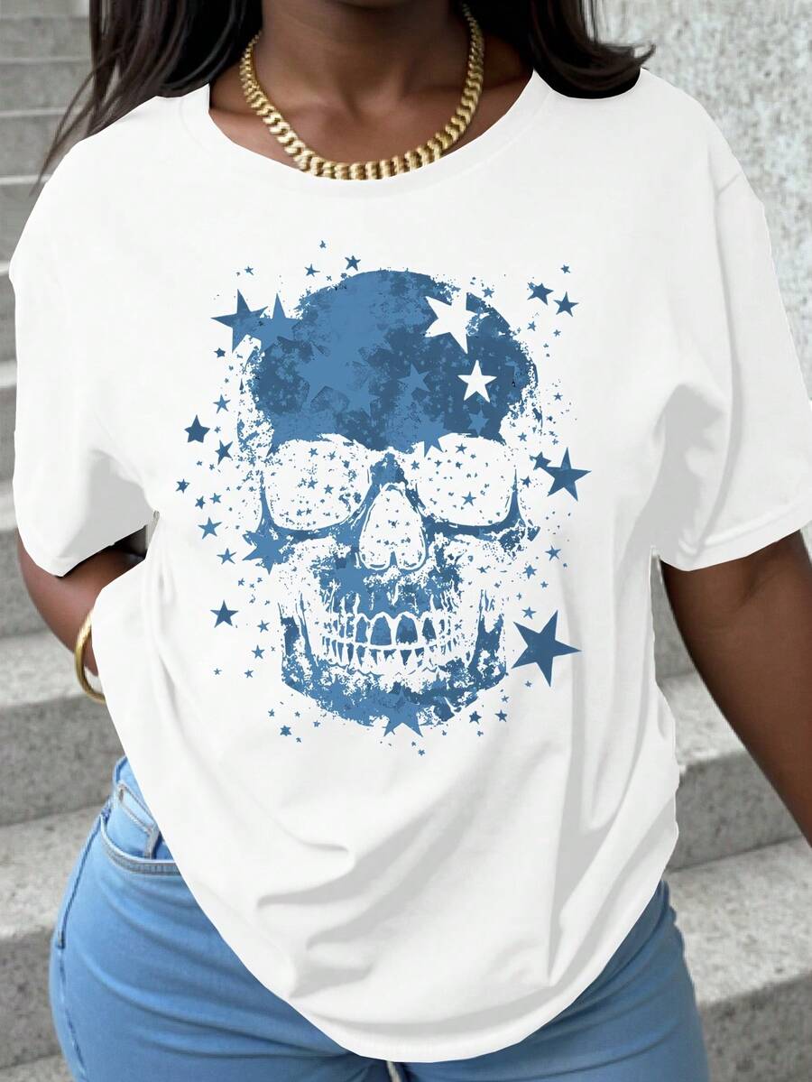 Women's Casual Short-Sleeved Round Neck T-Shirt For Spring And Summer, Comfortable And Loose With Printed Design.-X