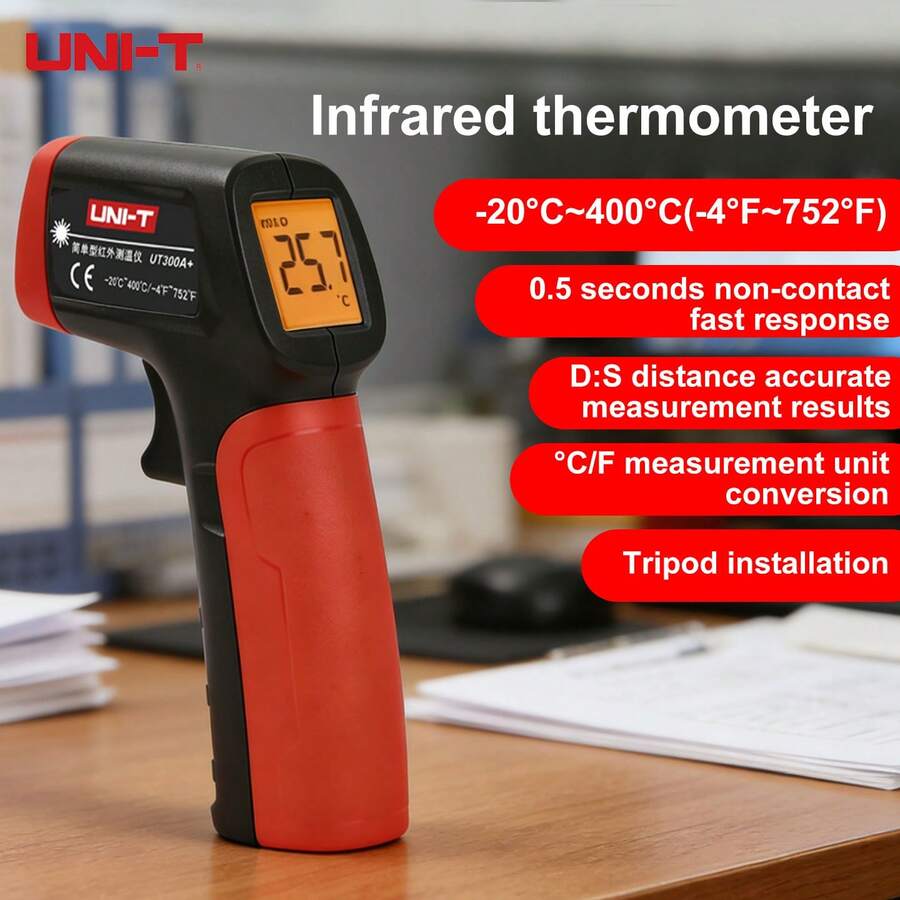 优利德 (UNI-T) 一体式红外测温仪，量程 -20°C 至 400°C / -4°F 至 752°F，D:S=10:1，发射率不可调，家用测温仪 - UT300A+ - 查看 1