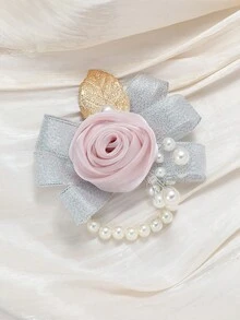 1pc Pale Pink Rose Flower Wrist Corsage With Rhinestones, Suitable For Wedding Decoration - Baby Pink - View 3