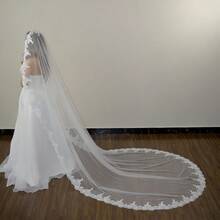 1pc Casual Polyester Bridal Veil, 118 Inch Cathedral Train, Romantic Elegant Lace Trim, Real Photo Shooting, White/Ivory - Multicolor - View 4