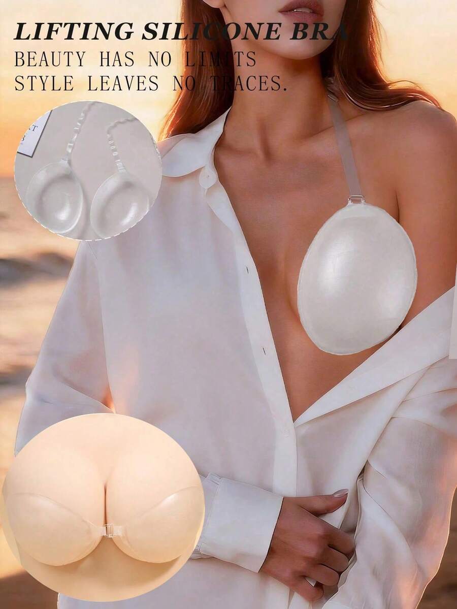 Áo ngực silicon vô hình 2 trong 1 có thể điều chỉnh/không dây, áo ngực nâng ngực dán tái sử dụng với dây đeo trong suốt, miếng đệm nâng ngực liền mạch phù hợp với trang phục hở lưng và không dây. - Trong sáng - Xem 1