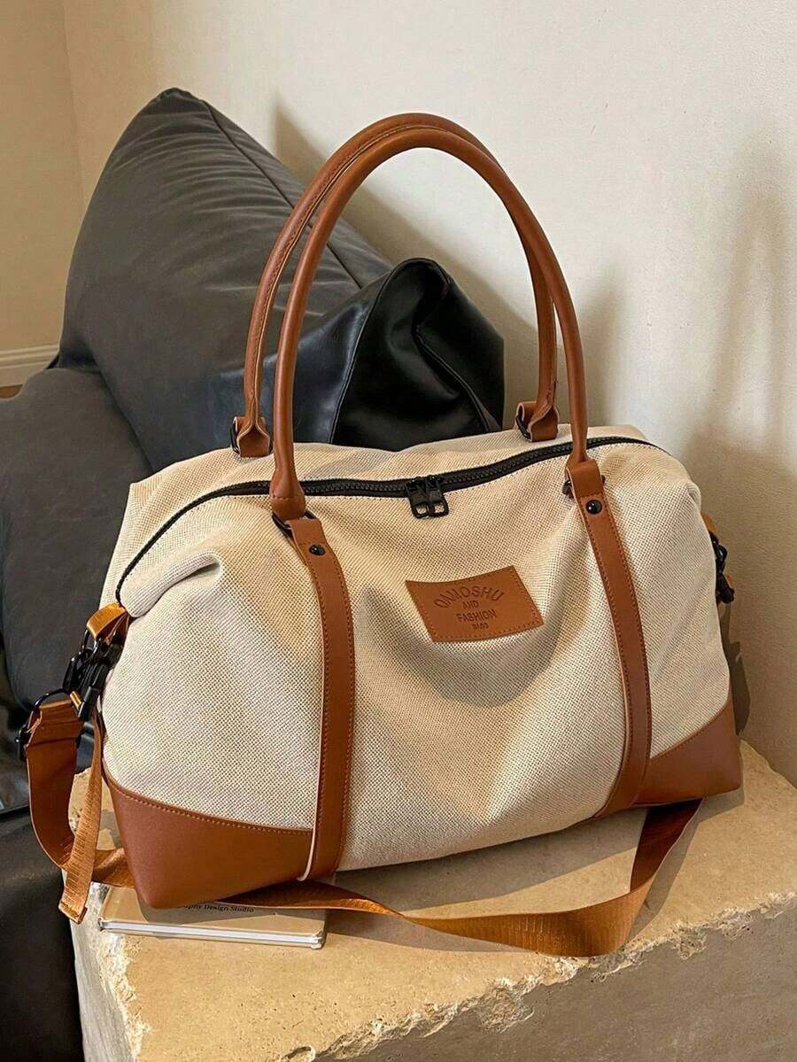 Color Block Travel Tote Bag, Large Capacity Handheld/Shoulder/Crossbody Duffel For Short Trips, Vacation, Gym, Beach & Back To School - Brown - View 1