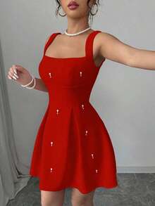 Vestido casual de mujer con parches de unicolor, tirantes anchos y cuentas - Rojo - Ver 3