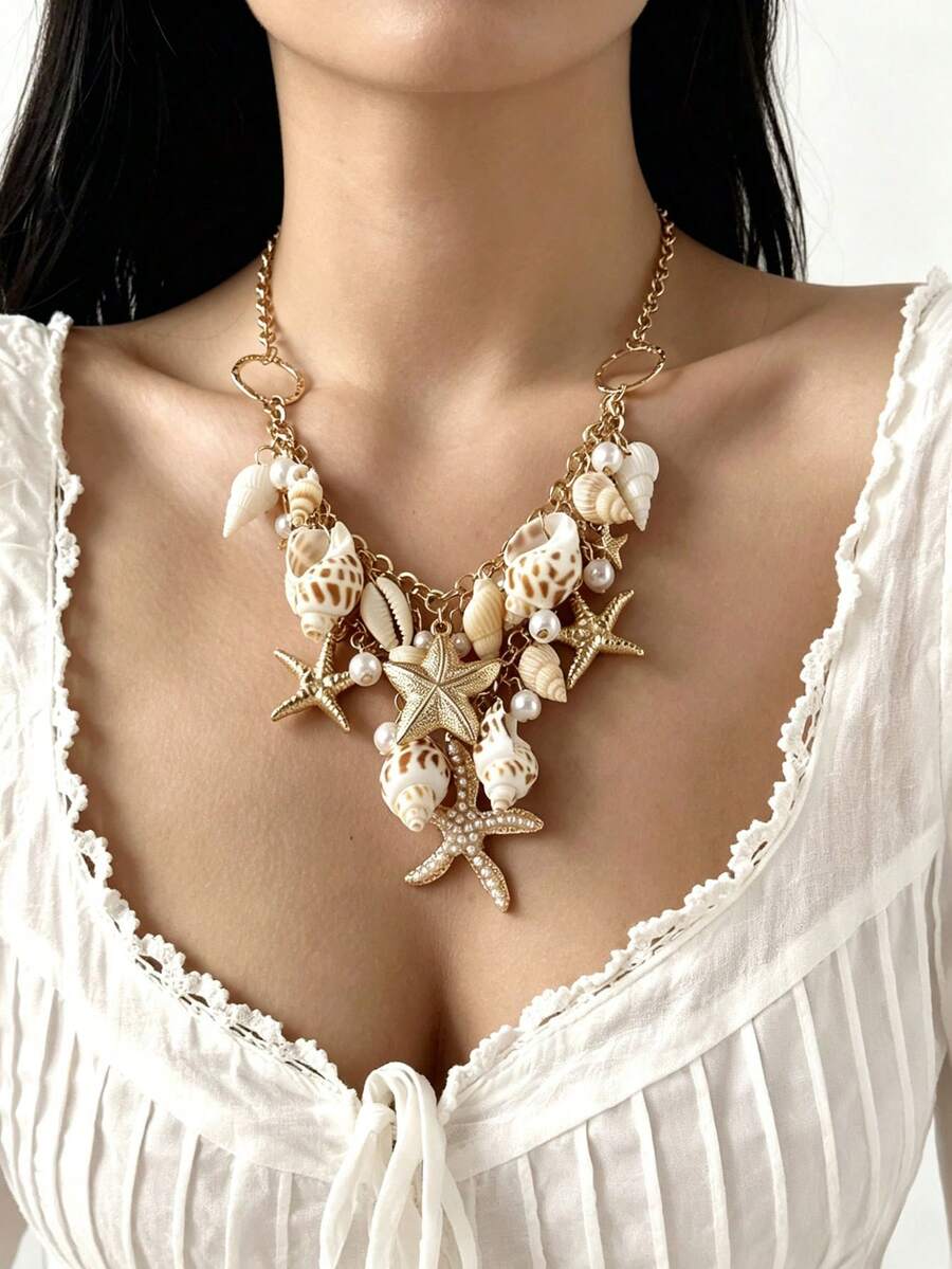 Dây chuyền ngọc trai giả hình vỏ sò, sao biển, ốc xà cừ phong cách Bohemian mùa hè, mặt dây chuyền hình sao biển và ốc xà cừ giả, thích hợp cho nữ giới đeo hàng ngày và đi nghỉ mát. - Nhiều màu - Xem 1