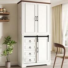 Tall Cabinet With Anti-Tip Protection And Side Snack Rack, Soft-Close Mechanism, Freestanding Kitchen Cabinet With 4 Drawers And Adjustable Shelves, Cabinet With Unique Handle, White - White - 查看 2