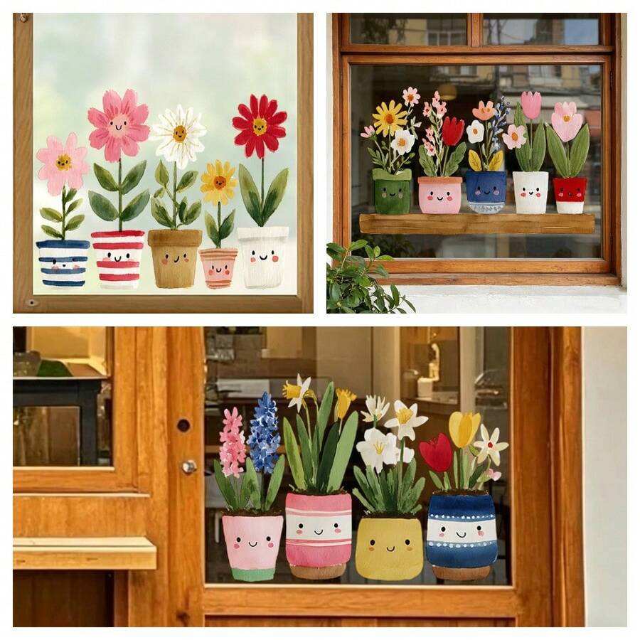 1/3 miếng dán cửa sổ hình chậu hoa dễ thương, decal trang trí cửa kính trượt không keo dính, có thể tháo rời và tái sử dụng, in hai mặt, thích hợp cho cửa hàng và mặt tiền.