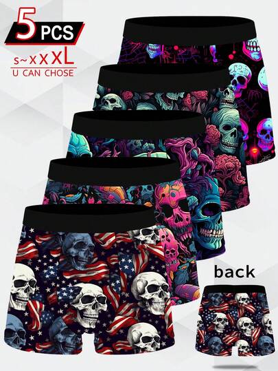5pcs Men's Printed Boxer Briefs, Made Of Polyester Stretch Fabric, Soft & Skin-Friendly, Fashionable Quick-Dry Breathable, Cute & Playful Men's Underwear