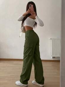 Pantalon cargo droit vert olive à taille élastique avec poches, style vintage élégant Y2K, décontracté et mignon, sans stretch. Polyvalent pour le streetwear, l'aéroport, la rentrée scolaire, la remise des diplômes, la fête des enseignants, Thanksgiving, le club, l'anniversaire, les festivals de musique, la salle de sport, les sorties en plein air, le bureau, le printemps, l'été, l'automne et l'hiver. - Militaire verte - Voir 3