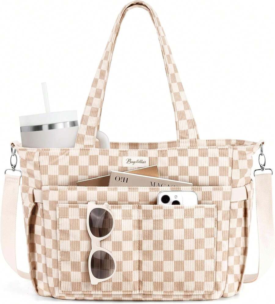 2026hot SeIIing Bagstellar Corduroy Tote Bag For Women, 17 Pockets Laptop Work Tote Bag Lightweight Teacher Nurse Bible Bag For School Travel | With 40oz Cup Holder, Multi Compartment, Zipper Crossbody Bag, College Shoulder Bag, Daily Purse W/ Strap, Ideal Gift For Women - Màu be kẻ caro - Xem 1