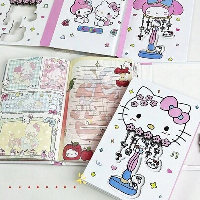  1 pieza Cuaderno de tapa dura plegable en tres partes de Sanrio Hello Kitty con cubierta de cartulina blanca y páginas interiores a todo color, diseño con corte láser lindo para la escuela, la universidad, la oficina, diario, regalo ideal para niñas, adolescentes y fans en Navidad, cumpleaños