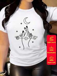 1 pcsCamiseta de mujer de manga corta, cuello redondo, 100% algodón, holgada, de estilo casual y versátil con estampado moderno.180g 100% Cotton - Blanco-1 - Ver 2